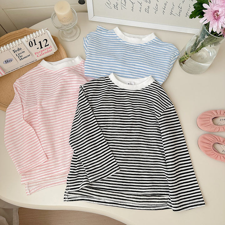 【90-150】ボーダー柄シンプルロングTシャツ