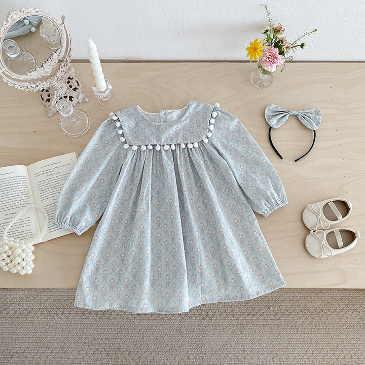 【90-140】ミニポンポンデザイン長袖ワンピース