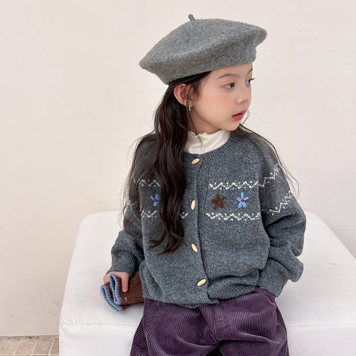 【90-150】花柄＆ボタンデザインカーディガン