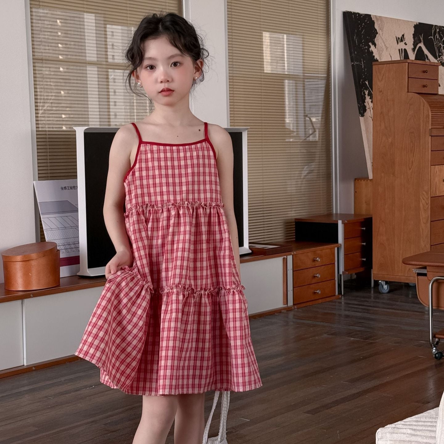 90-150】ギンガムチェックティアードキャミワンピース｜ELMO-こども服