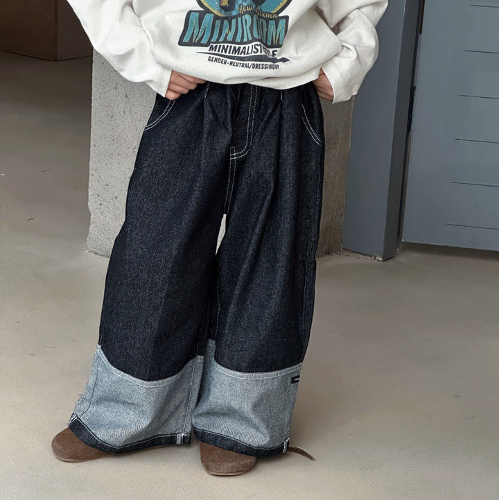 【90-150】ヘムデザインワイドデニムパンツ