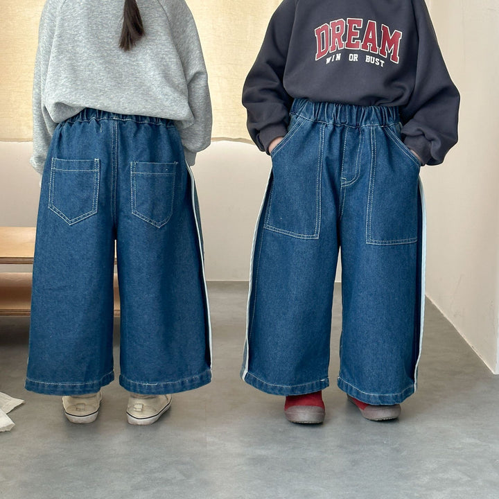 【80-150】ラインデザインワイドデニムパンツ