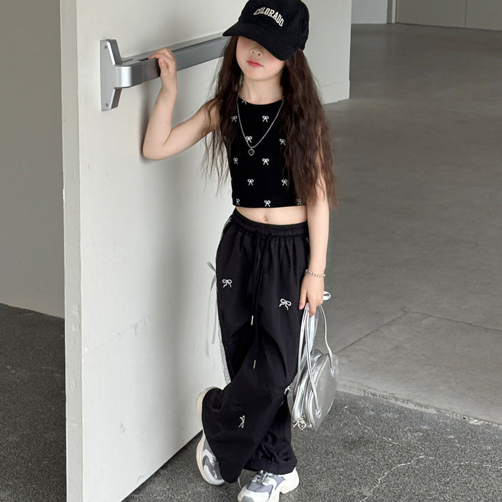 【100-150】レース＆リボンデザインロングパンツ