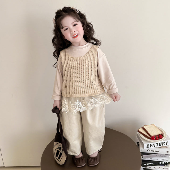 【90-140】レースヘムトップス×ベスト×ロングパンツセット