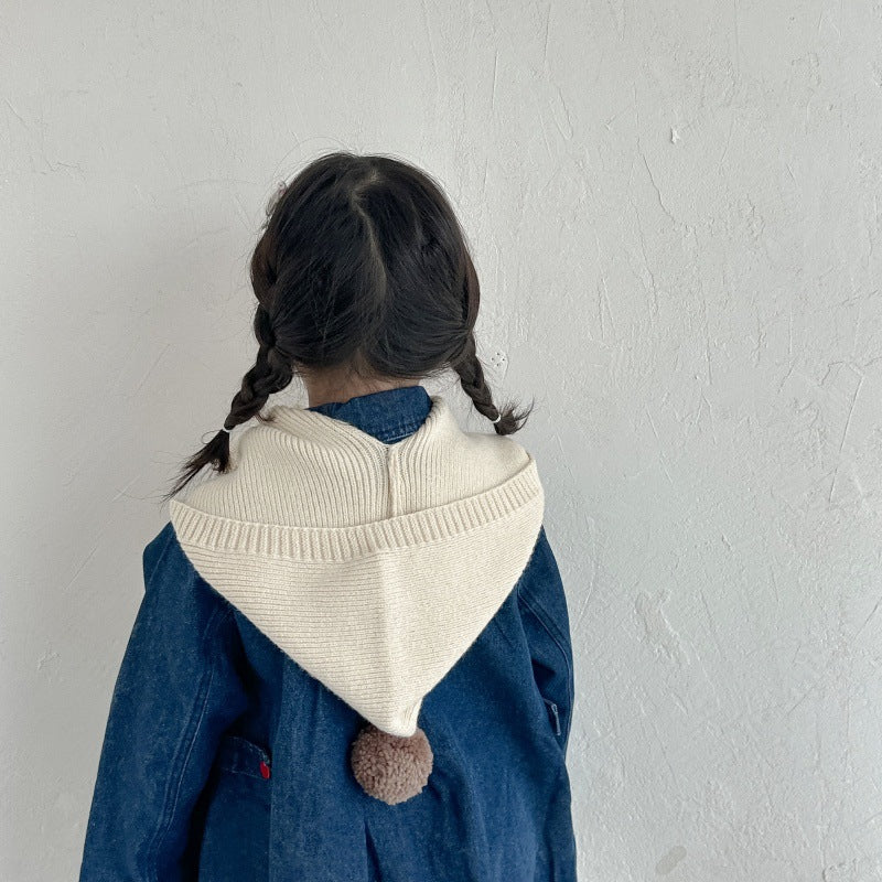 ポンポンフード付きマフラー