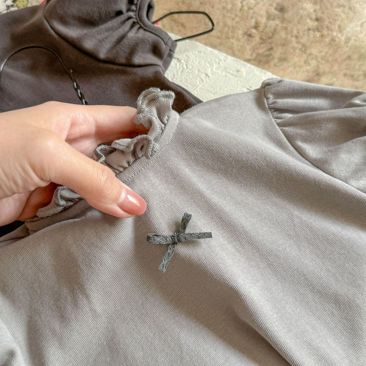 【80-130】フリルスタンドカラー半袖Tシャツ