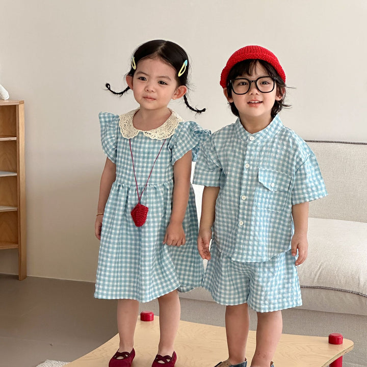 【80-150】レースカラーギンガムチェックワンピース