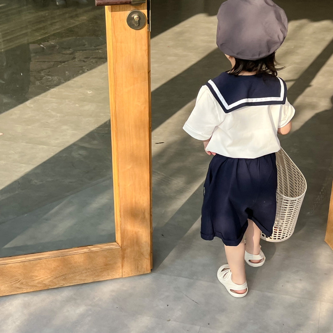【80-140】セーラーカラートップス×ハーフパンツセット