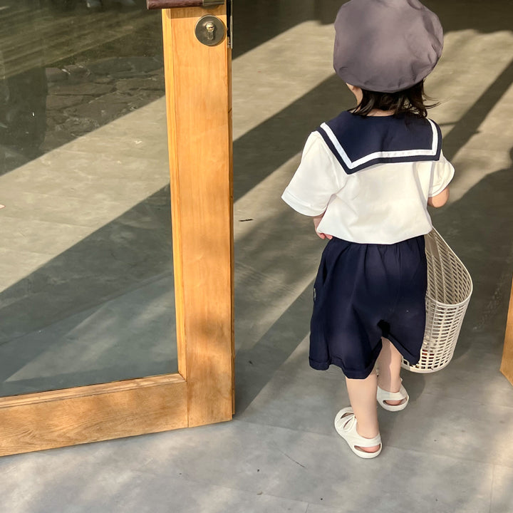 【80-140】セーラーカラートップス×ハーフパンツセット