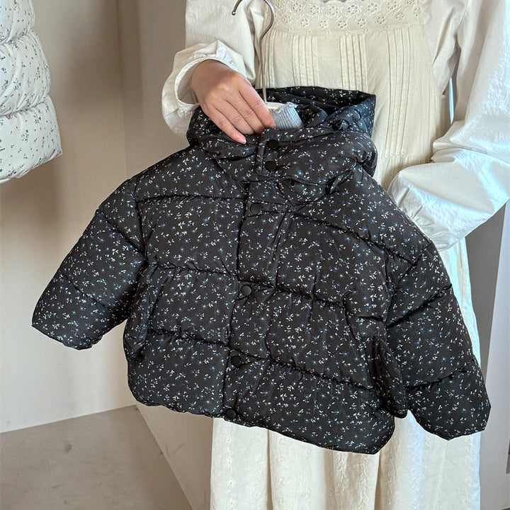【90-140】フード付き小花柄中綿ジャケット