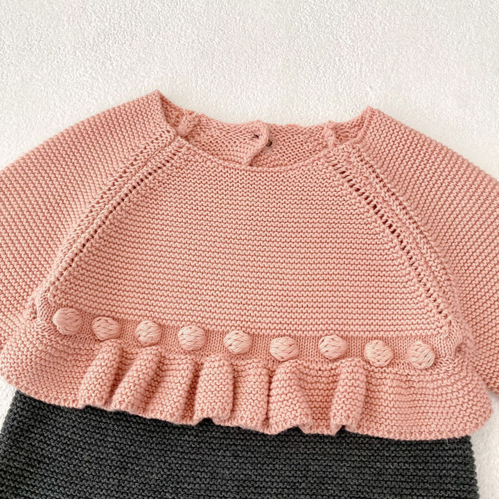 【73-90】バイカラーウエストフリルニットロンパース