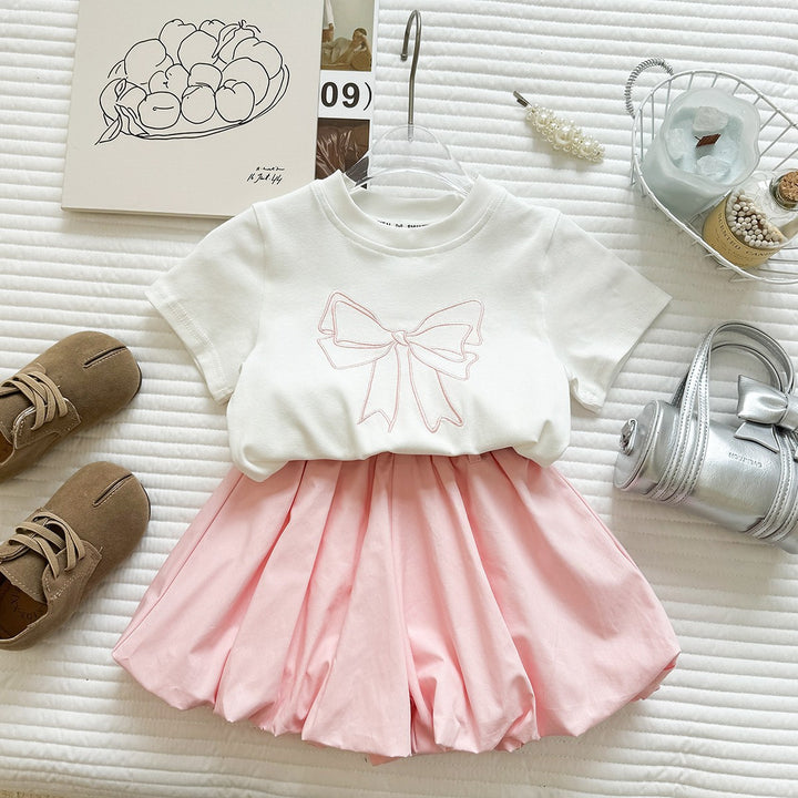 【90-140】フロントリボンTシャツ×ショートパンツセット