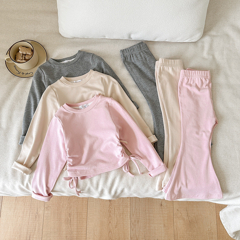 【90-140】ウエストシャーリングトップス×フレアパンツセット