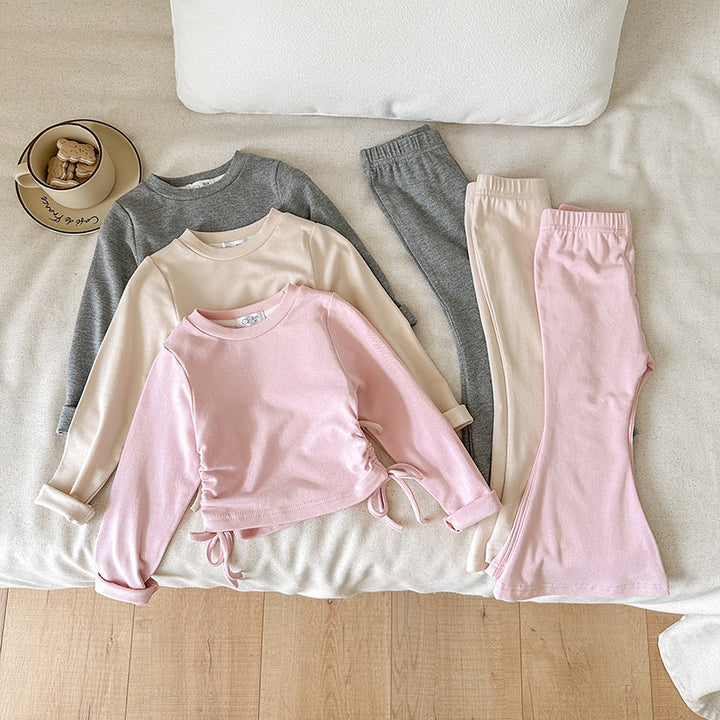 【90-140】ウエストシャーリングトップス×フレアパンツセット