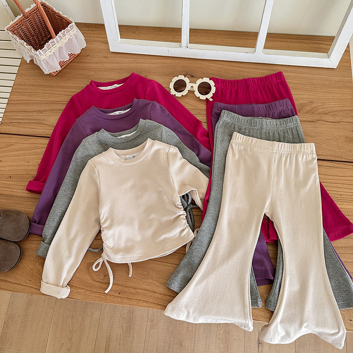 【90-140】ウエストシャーリングトップス×フレアパンツセット