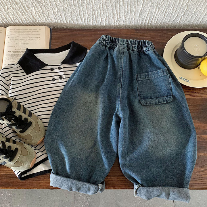 【90-140】ラインデザインボールデニムパンツ