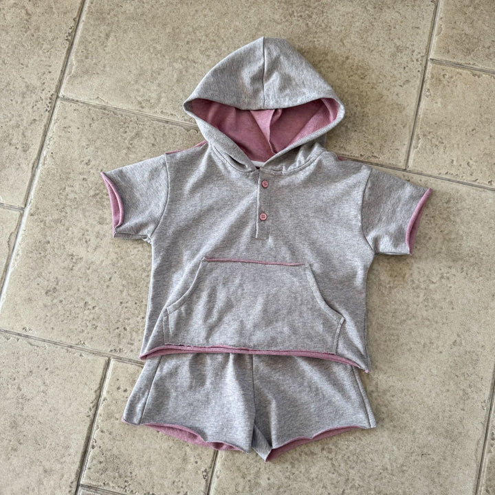 【80-150】ハーフボタンフーディートップス×ハーフパンツセット