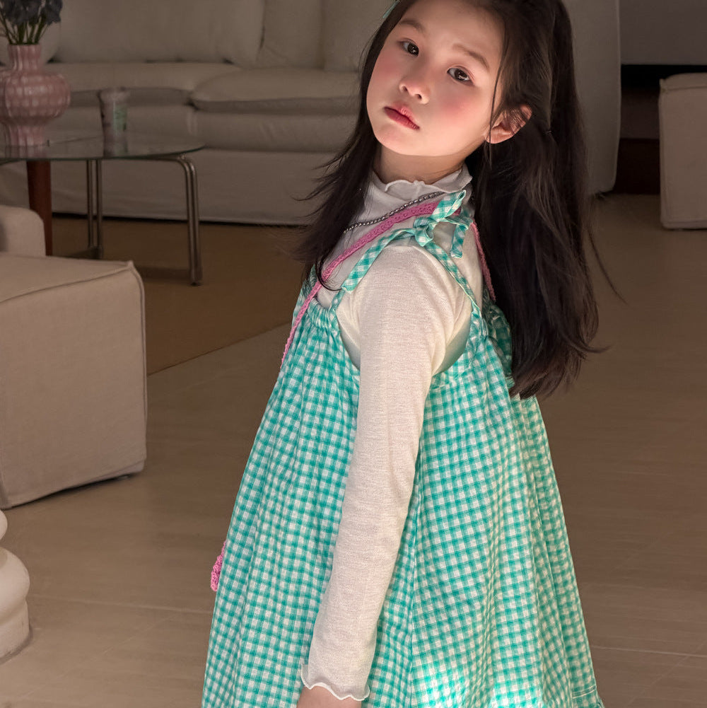 【100-150】チェック柄フリルデザインワンピース