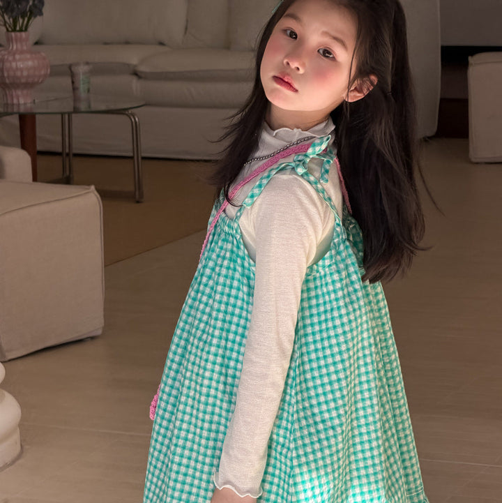 【100-150】チェック柄フリルデザインワンピース