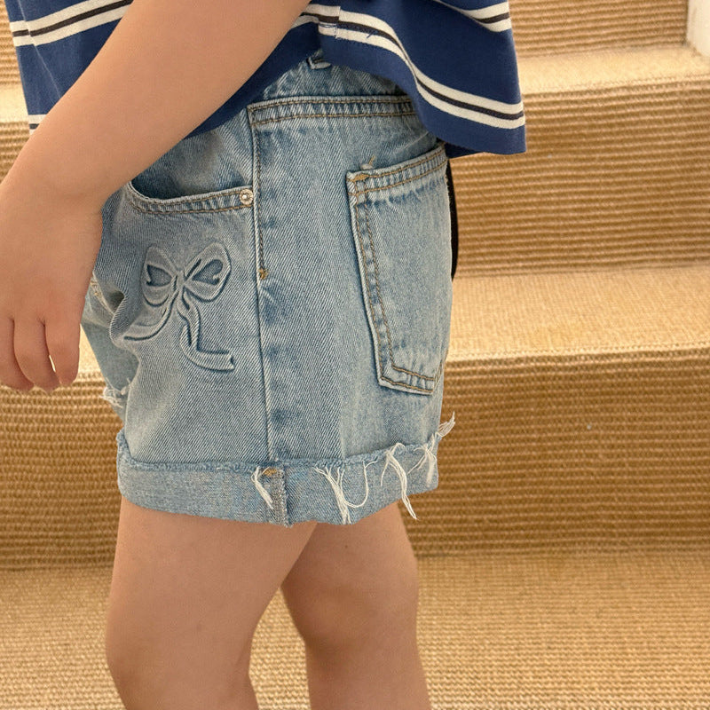 【120-150】ダブルリボンロールアップデニムショートパンツ