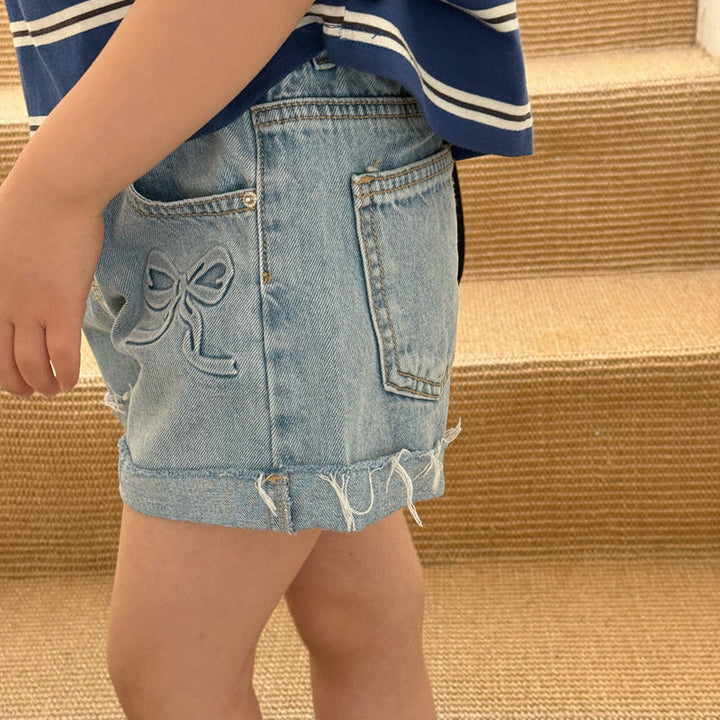 【120-150】ダブルリボンロールアップデニムショートパンツ