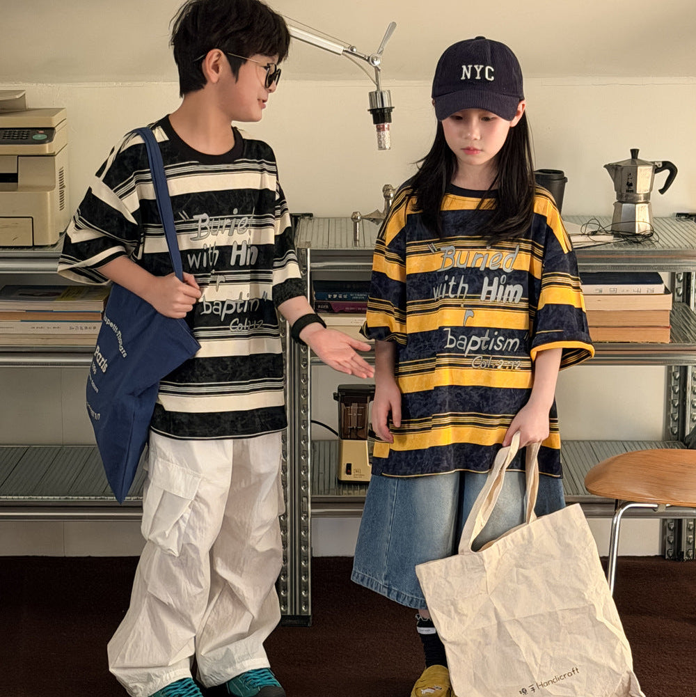 【100-150】英字ロゴデザインボーダー柄Tシャツ