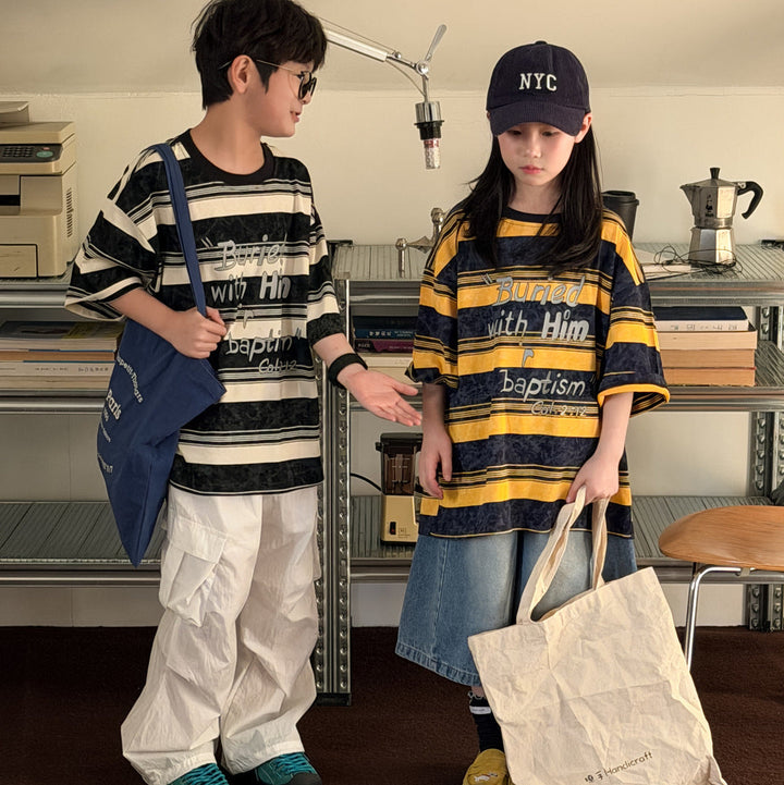【100-150】英字ロゴデザインボーダー柄Tシャツ