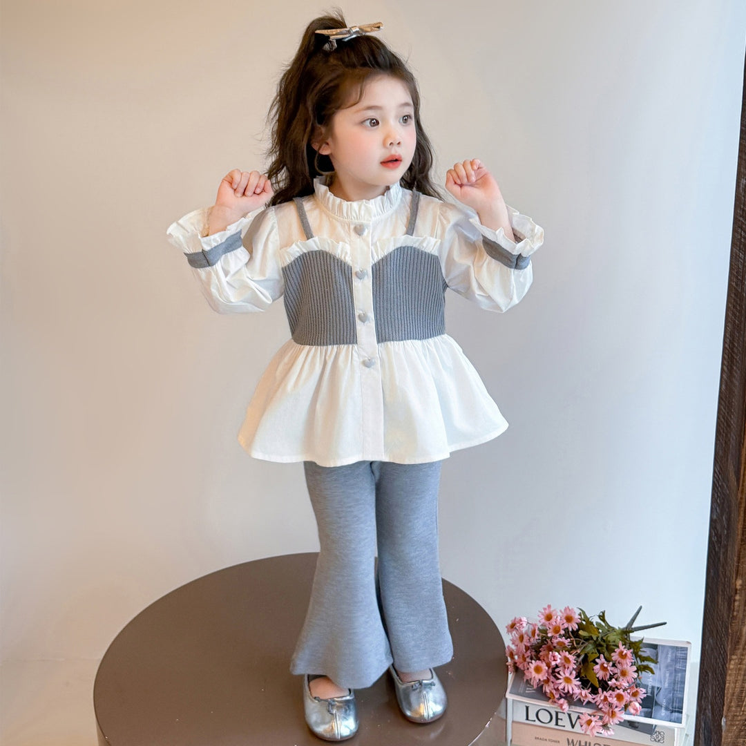 【90-140】レイヤード風シャツ×フレアパンツセット