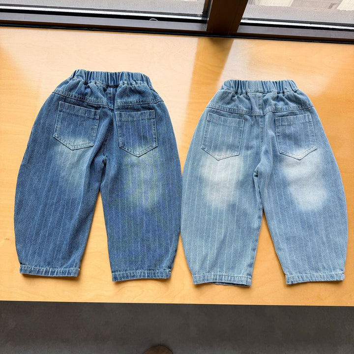 【80-150】ストライプ柄カーブデニムパンツ