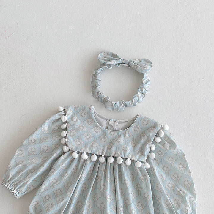 【73-90】ミニポンポンデザイン長袖ロンパース