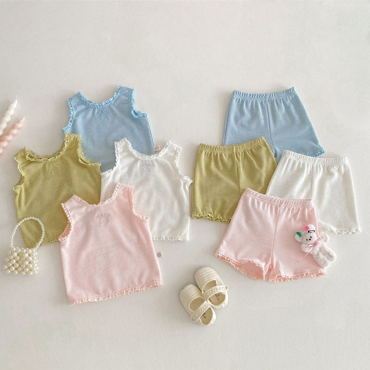 【73-100】フリルデザインノースリーブ×ショートパンツセット