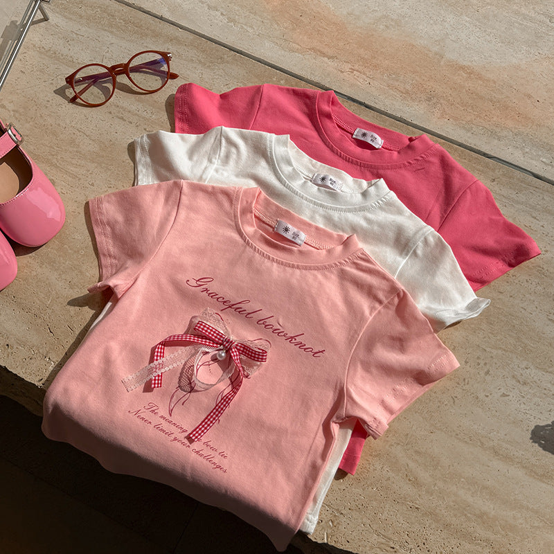 【90-150】レース＆チェック柄リボンTシャツ