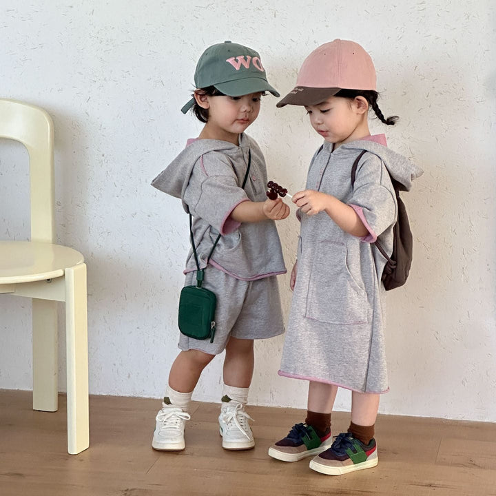 【80-150】ハーフボタンフーディートップス×ハーフパンツセット