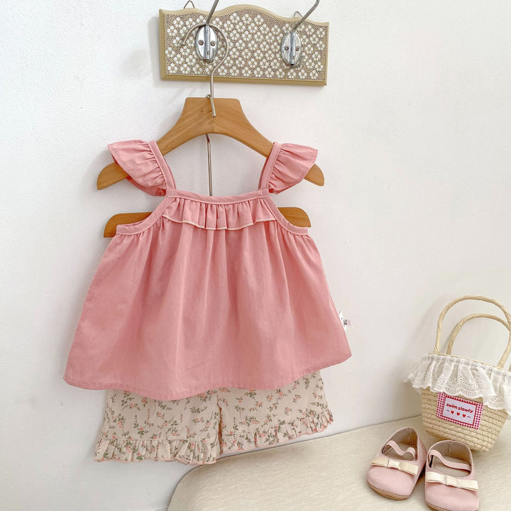 【73-110】フリルキャミソール×小花柄ショートパンツセット