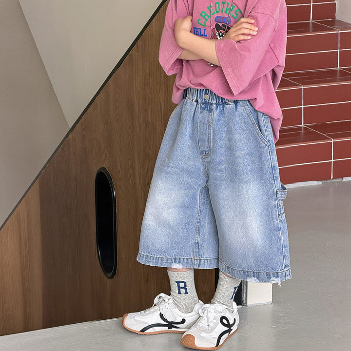 【90-150】ユーズド加工風ミドル丈ワイドデニムパンツ
