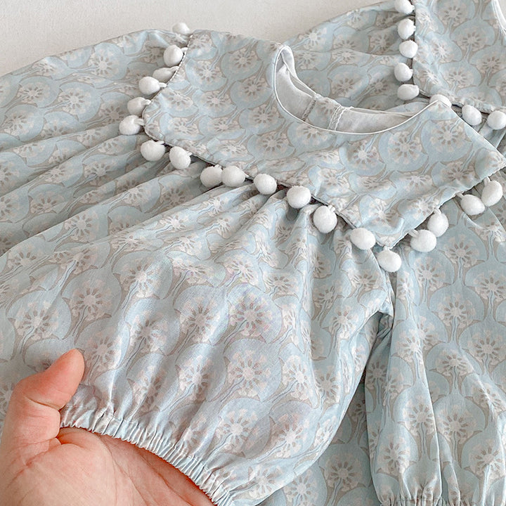 【73-90】ミニポンポンデザイン長袖ロンパース