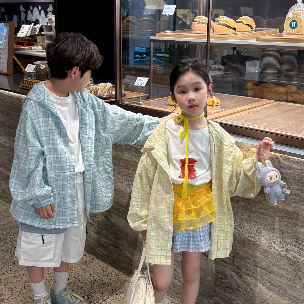 【90-150】チェック柄フーディーシャツ