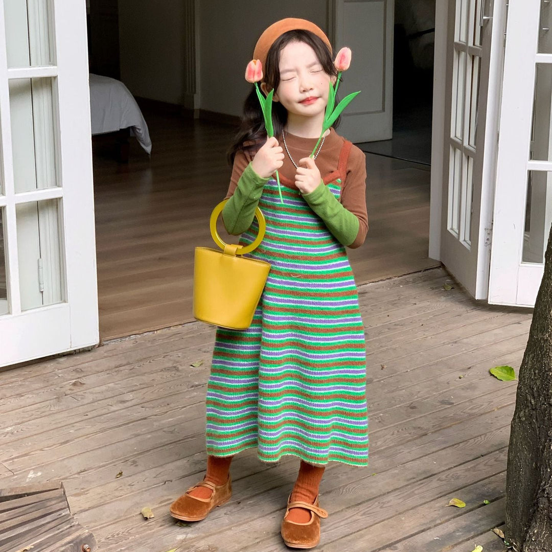 【90-140】マルチボーダーニットワンピース