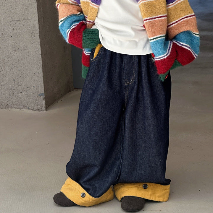 【90-150】裾折り返しストレートワイドデニム