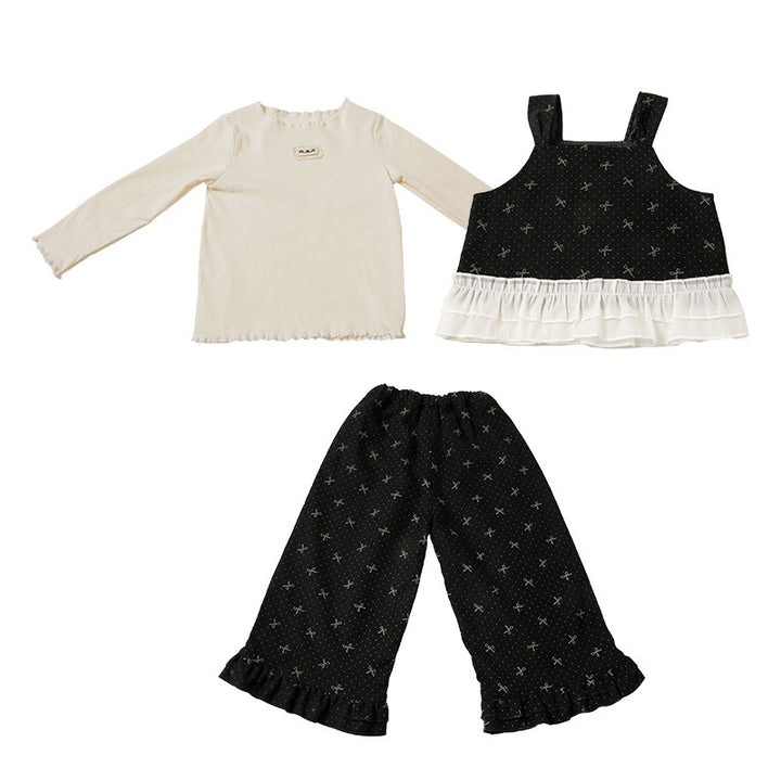 【90-140】トップス×リボン柄フリルデザインセットアップ