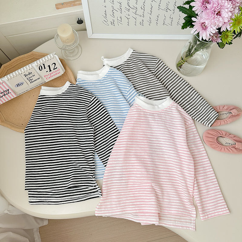 【90-150】ボーダー柄シンプルロングTシャツ