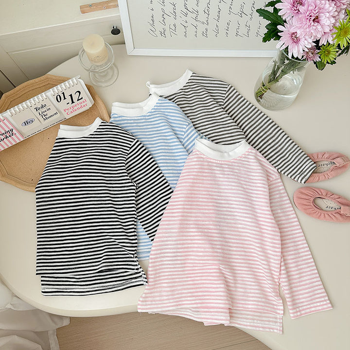 【90-150】ボーダー柄シンプルロングTシャツ