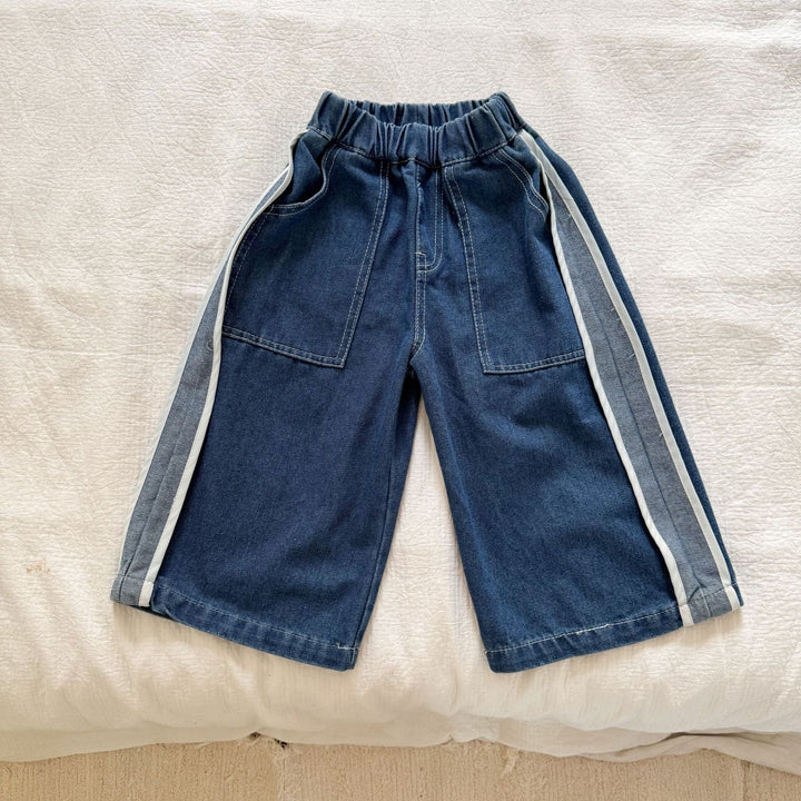 【80-150】ラインデザインワイドデニムパンツ