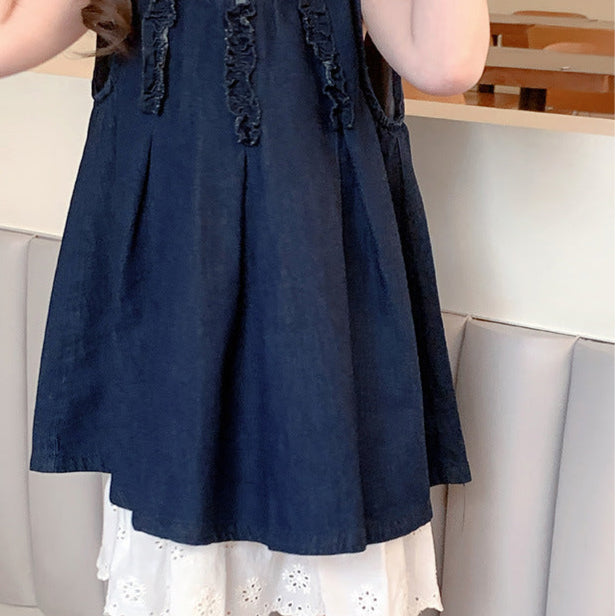 【90-140】レースヘムキャミ×デニムワンピースセット