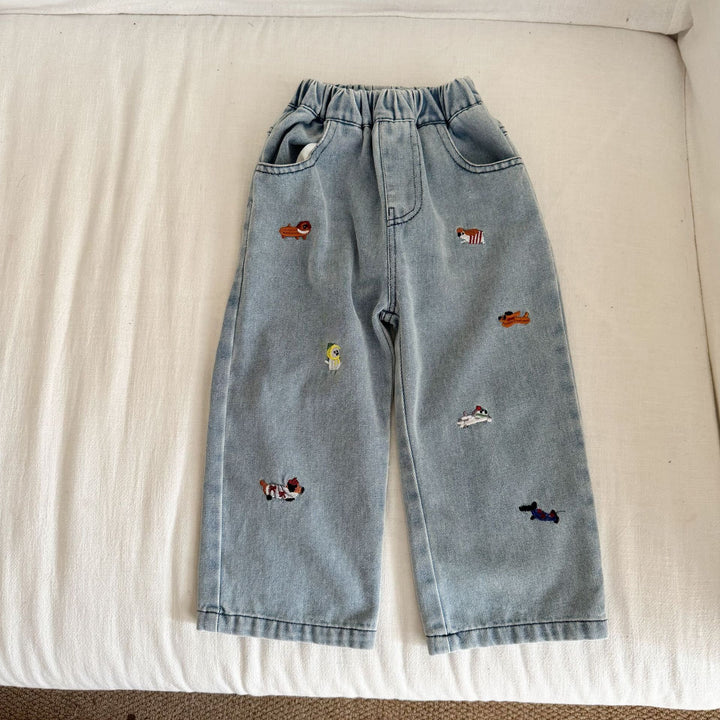 【80-150】刺繍デザインストレートデニムパンツ