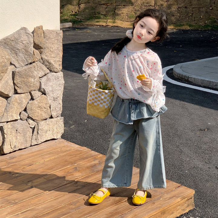 【90-140】レイヤード風ワイドデニムパンツ