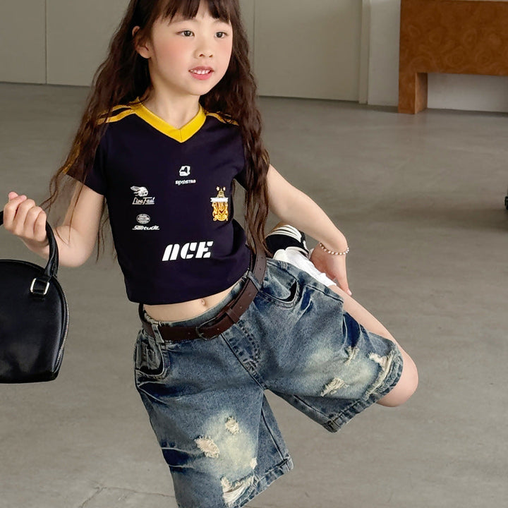 【100-150】ユニフォーム風VネックTシャツ