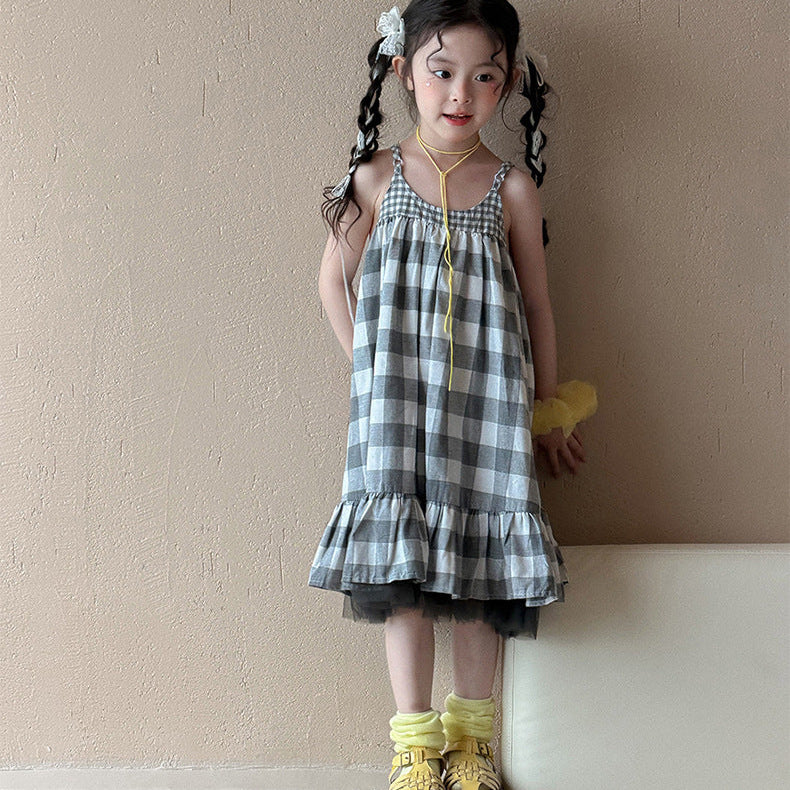 【90-150】フリルヘムギンガムチェックキャミワンピース