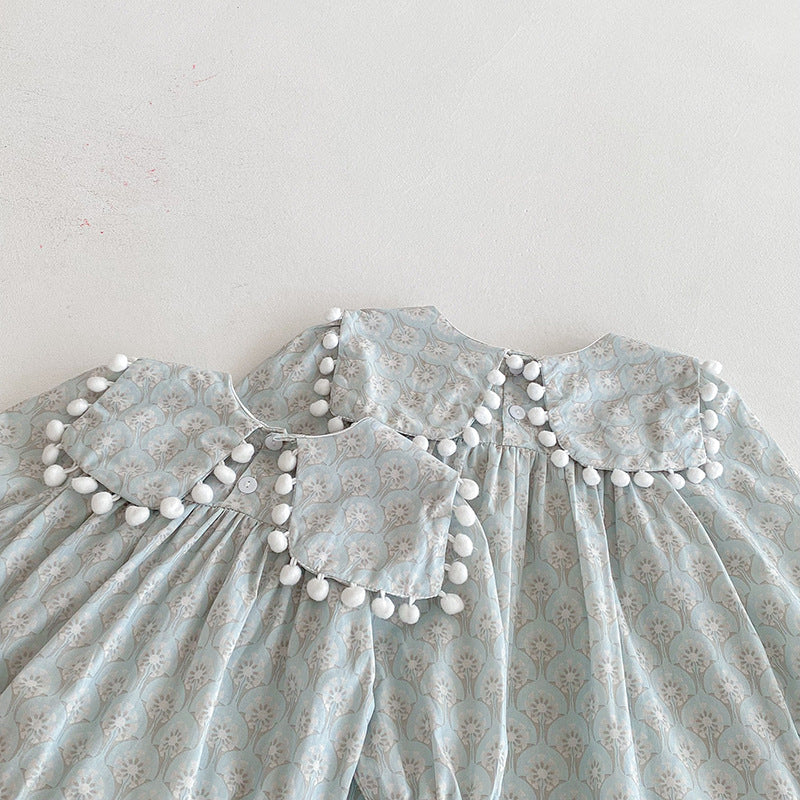 【73-90】ミニポンポンデザイン長袖ロンパース