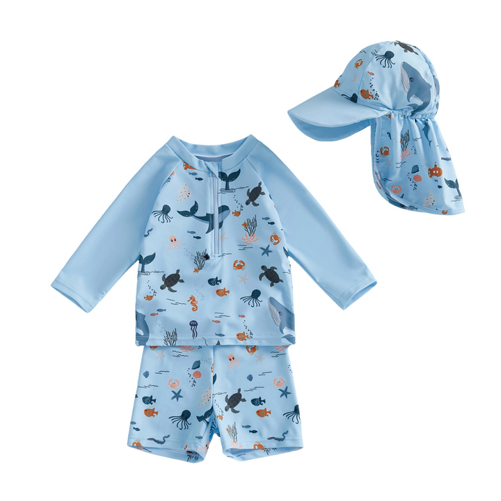 【6ヵ月-4歳】帽子付き総柄セパレートスイムウェア